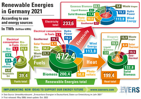 Renewable Energies in Germany 2021 according to use and energy sources 